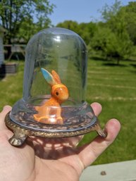 Glass Cloche Vignette On A Metal Stand With Porcelain Goebel Bunny