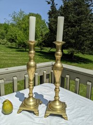 Pair Of Large Antique Brass Candle Stick Holders With Candles