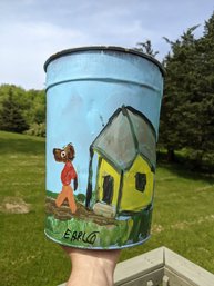 Signed Outsider Artist Earl Swanigan Painting On A Trash Can