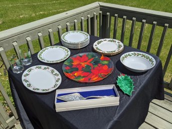 Collection Of 17 Pieces Of Christmas Serving Ware With Plates