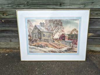 Large Signed Watercolor Landscape Of A Farm #22
