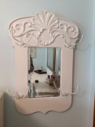 Vintage Painted White Mirror With Hooks For Hanging Hats And Coats #37
