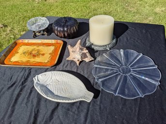 Grouping Of Seven Decorative Items Including A Large Candle And Shell