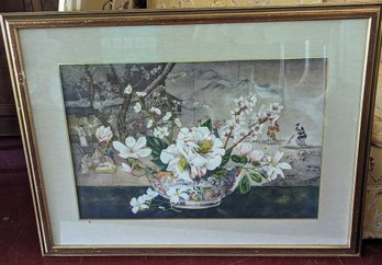 Vintage Asian Art With Bowl Of Flowers