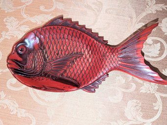 Vintage Japanese Hand Carved Lacquered Fish Serving Dish