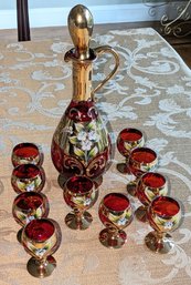 Vintage Vecchia Murano Ruby Red & Gold Decanter & Cordial Glass Set