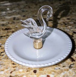 Vintage Handblown Crystal Swan Ring Dish