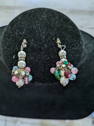 Vintage Hanging Pearl, Rhinestone & Multi Color Stone Earrings