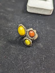 Amber And Coral Brass Ring Sz 7