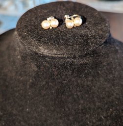 Vintage Double Pearl With Rhinestone Earrings