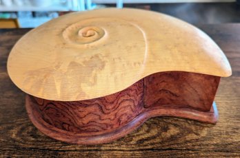 Hand Carved & Signed Wood Nautilus Shell Lined Box