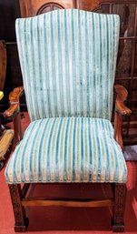 Green & Blue Stripe Velour & Wood Accent Chair