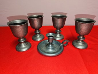 Vintage Wilton Set Of Pewter Goblets With Candle Holder