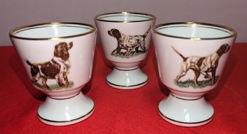 Set Of 3 Vintage Porcelain Vintage Dog Picture Brandy Glasses By De Limoges