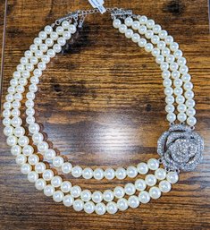 South Sea Pearl Triple Strand Pearl & Rose Rhinestone Necklace