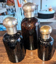 Set Of 3 Vintage Tortoise Glass Bottles