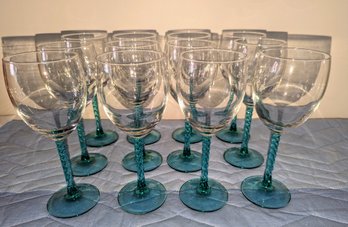 Lot Of 12 Turquois Green Stem Wine Glasses