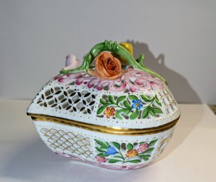 Vintage Herend Hand Painted Floral Lattice Heart Box