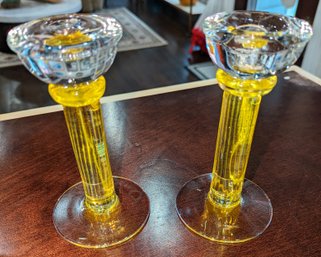 Pair Of Hand Blown Etched Yellow & Clear Glass Candlestick Holders