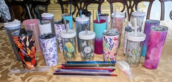 Lot Of 21 Reusable Tumblers, Straws, Straw Cleaners & Sponge