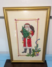 Vintage Framed Needlepoint Of An Old Time Santa