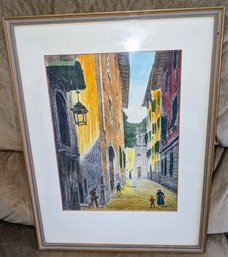 Vintage Hand Etched And Signed (Under Matting) European Street Scene By Bela Sziklayb