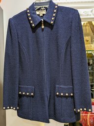 Vintage St. John Navy Blue Suit With Pearl Accents  - Size 8