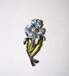 Vintage Enamel Floral Pin With Rhinestone Center