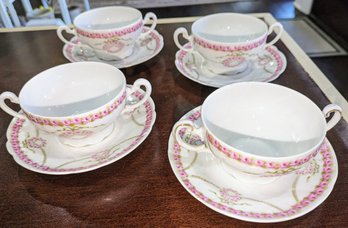 4 Antique Soup Cups With Saucers