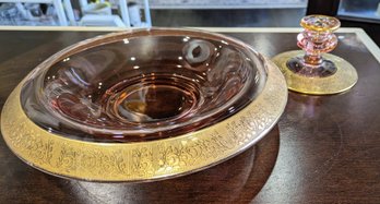 Vintage Pink & Gold Depression Glass Bowl & Candle Holder