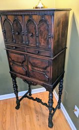 Early 20th Century Antique Wood Carved Secretary Desk With Cane Seat Chair