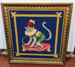 Framed Monkey Hand Needlepoint Picture