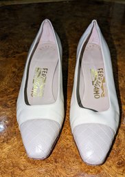 Ferragamo White With Beige Cap Toe Pumps  Size 6