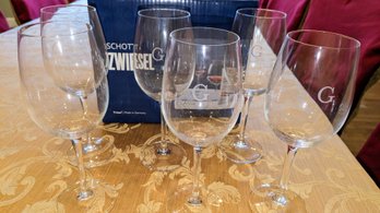 6 Schott Zwiesel Etched 'G'  Crystal Wine Glasses  (With Box)