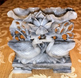 Vintage Carved Chinese Soapstone Kissing Swans & Lotus Flower Sculpture