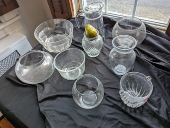Collection Of Nine Clear Glass Vases And Serving Ware