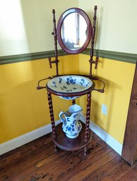 Victorian Style Mirrored Washstand With Decorative Basin And Pitcher