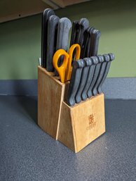 Set Of Thirteen Knives And Shears Plus Wood Block Caddy