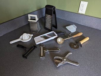 Collection Of 10 Kitchen Gadgets Including A Vintage Ice Cream Scoop