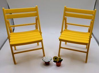 1999 Barbie Yellow Folding Chairs With 2 Flower Pots