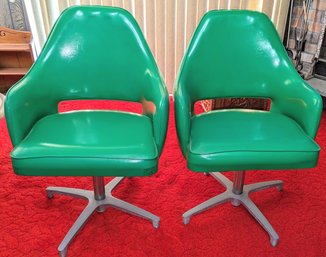Set Of 2 Vintage MCM Green Naugahyde Swivel Chairs