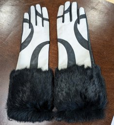 Leslie Singer Black & White Sheepskin & Fur Gloves - Size 7.5