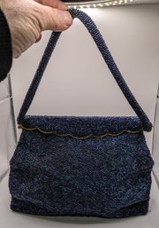 Vintage Late 1940/50's Blue & Gold Tone Accented Bugle Beaded Handbag