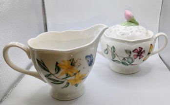 Lenox Butterfly Meadow By Louise Le Luyer, Porcelain Lidded Sugar Bowl And Cream Pitcher