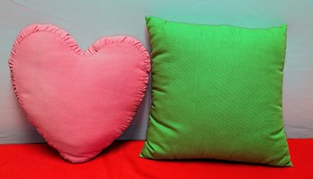 2 Throw Pillow Lot, Pink Heart And Green Square