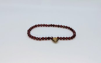 Real Garnet Stone With Brushed Gold Toned Heart Stretch Bracelet