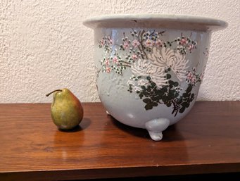 Asian Footed Stoneware Planter With Floral Details