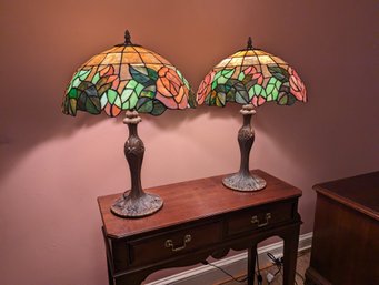 Pair Of Tiffany Style Tulip Base Stained Glass Lamps