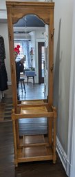 Vintage Oak Hall Tree With Mirror & Brass Hooks