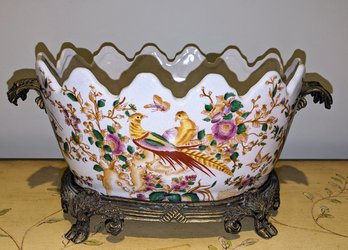 Vintage Authentic Hand Painted Dominic Porcelain & Brass Footed Cachepot